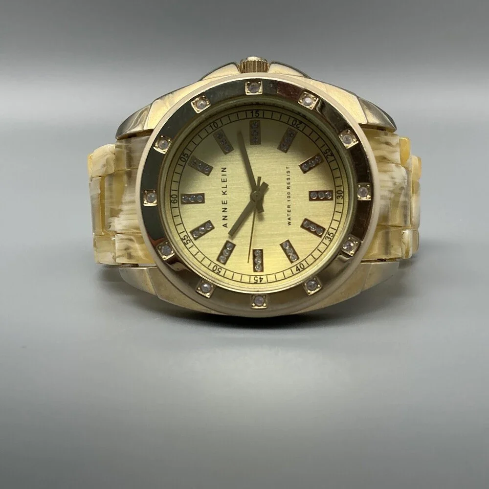 Anne Klein Womens Watch 36mm Gold Tone Resin Bracelet Crystals New Battery 6
